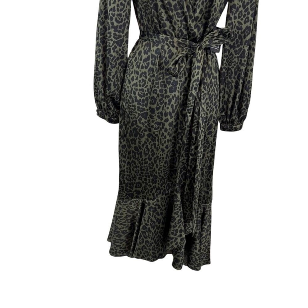 Express Silky Wrap Dress Ruffled Midi Green Leopard S- Old Money - Picture 3 of 9